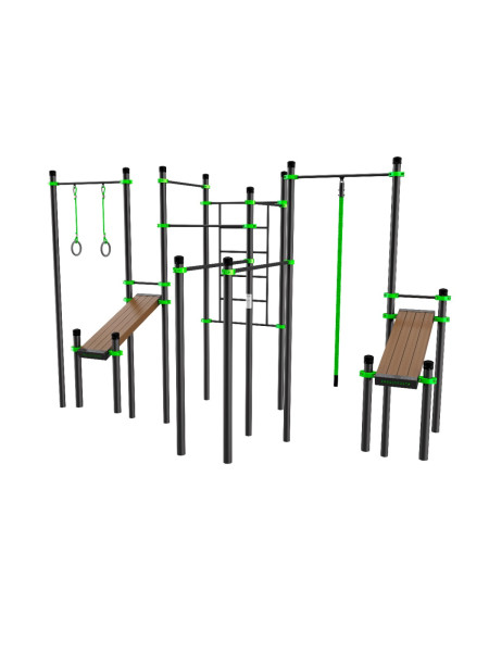 W261 Воркаут (3 турника, 2 скамьи для пресса, брусья, швед. стенка, кольца, канат) ZAVODSPORTA