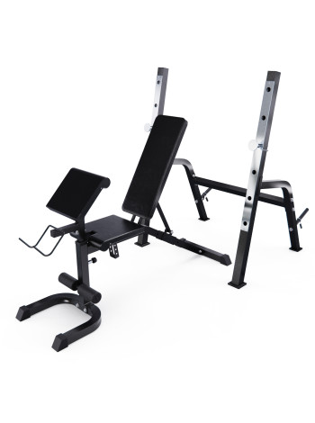Скамья со стойками под штангу DFC GORILLA черная, с партой для бицепса