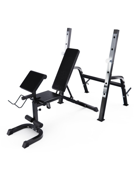 Скамья со стойками под штангу DFC GORILLA черная, с партой для бицепса