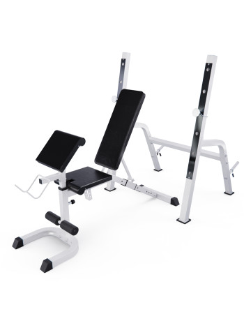 Скамья со стойками под штангу DFC GORILLA белая, с партой для бицепса